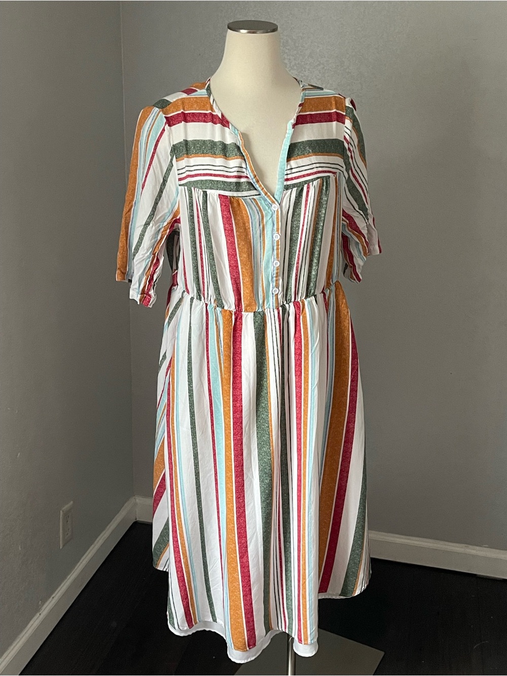 BloomChic White Multicolor Striped Midi Dress